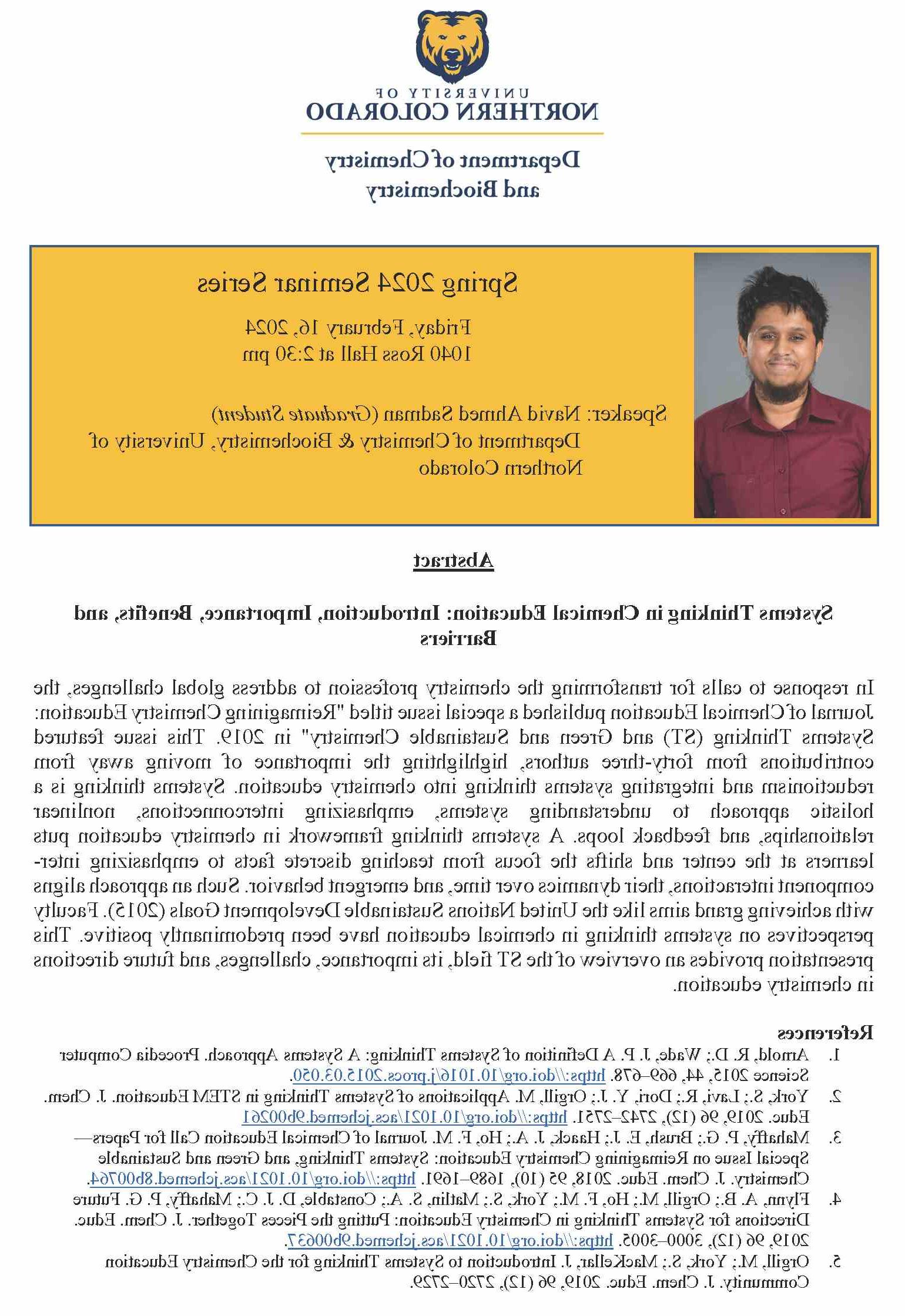Navid Ahmed Sadman stands in front of a gray background wearing a red shirt. The image includes details for his seminar presentation on Systems Thinking in Chemical Education
